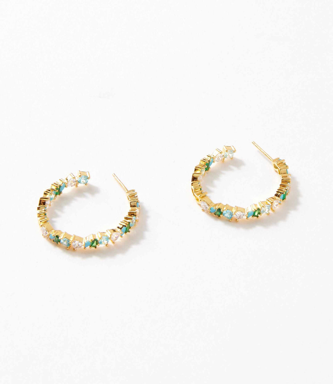 Multi gemstone hoop earrings with opal and cubic zirconia stones in 14K gold-plated brass