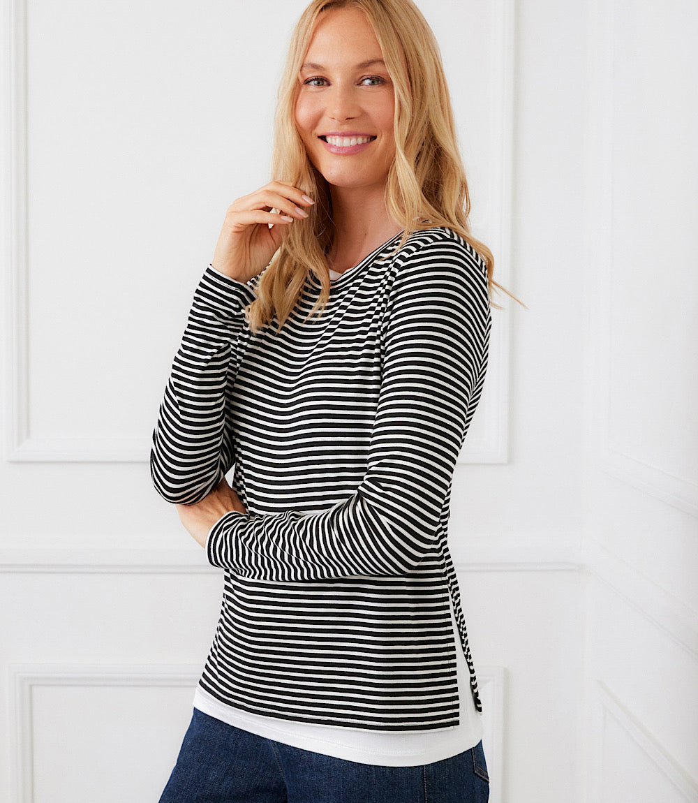 Long Sleeve Stripe Double Layer Side-Slit Top