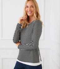 Petite size long sleeve stripe top with double-layer hem and side slits in soft rayon-spandex jersey