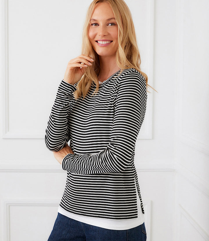 Long Sleeve Stripe Double Layer Side-Slit Top