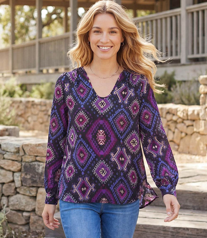Long sleeve shirred blouse in diamond crepe print with U-neckline and gathered shoulders