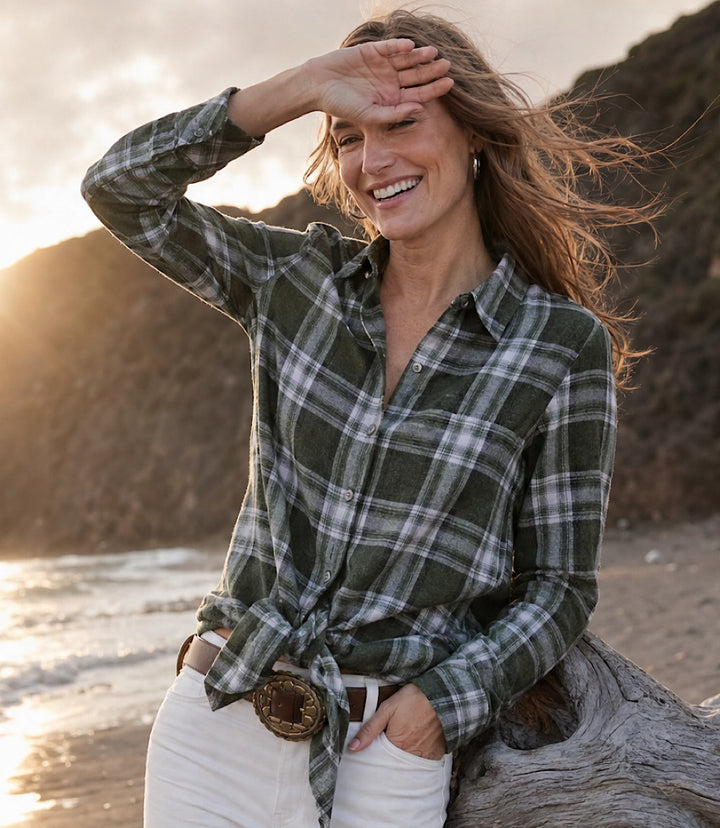 Long Sleeve Plaid Tie-Front Shirt