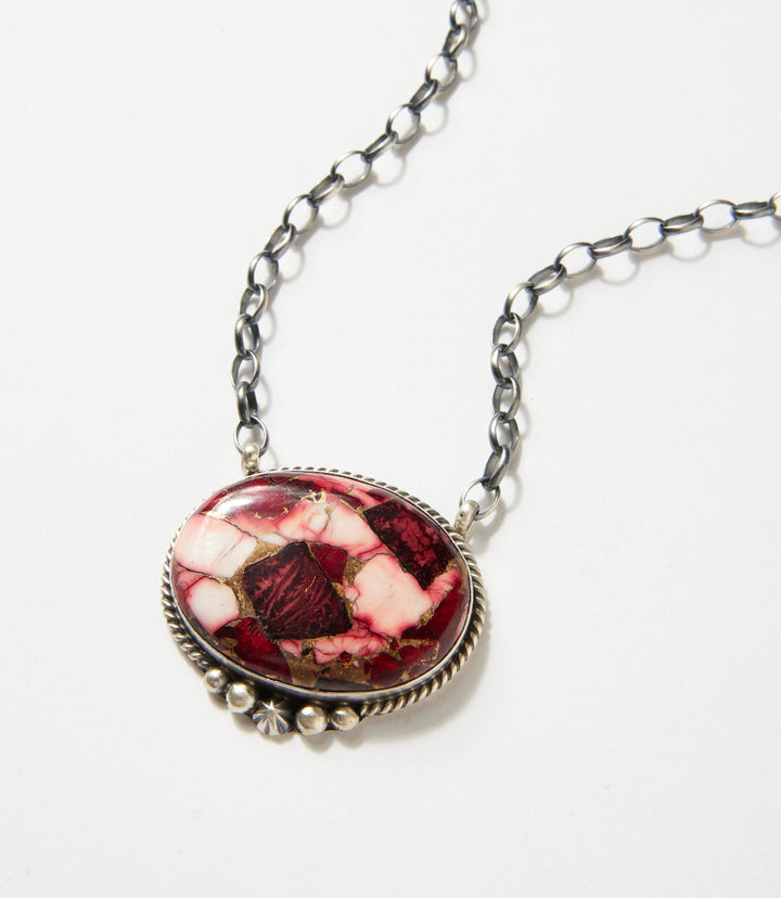 Rose Dahlia Oval Pendant Necklace