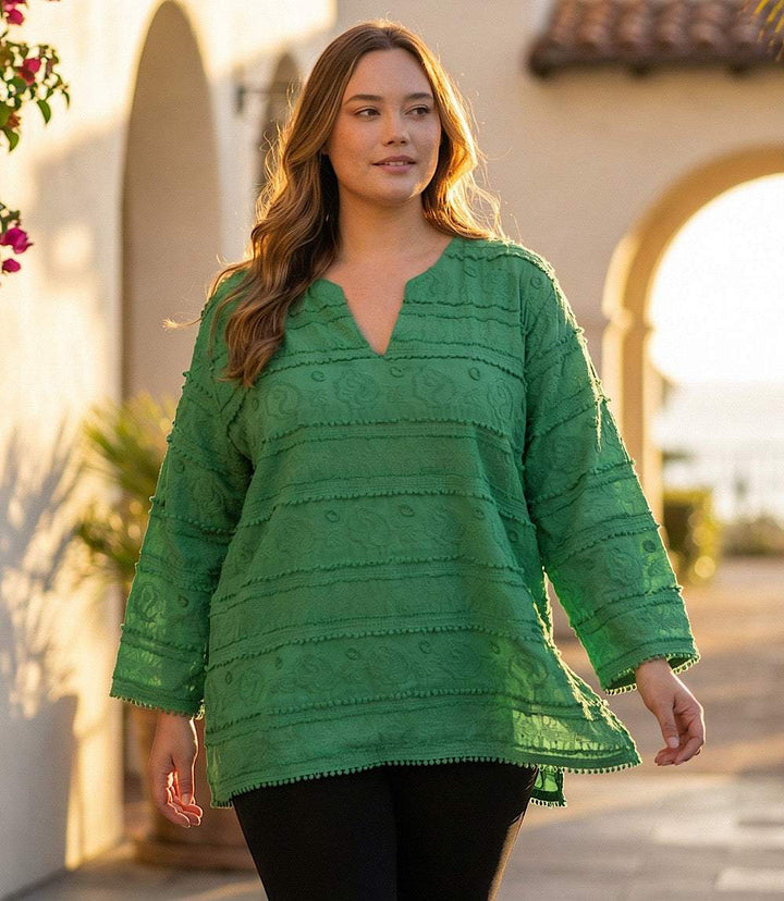 Plus Size 3/4 Sleeve Embroidered Tunic