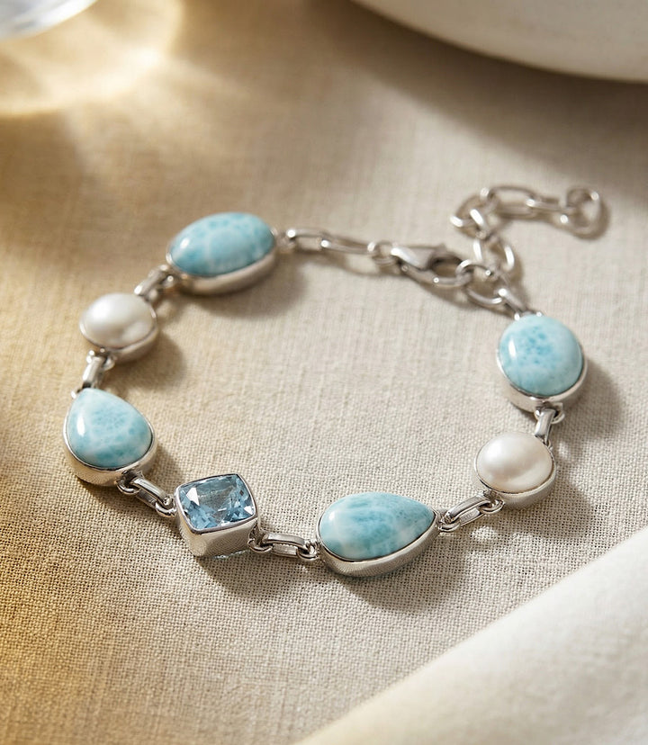 Larimar, Blue Topaz, Mother Of Pearl Link Bracelet
