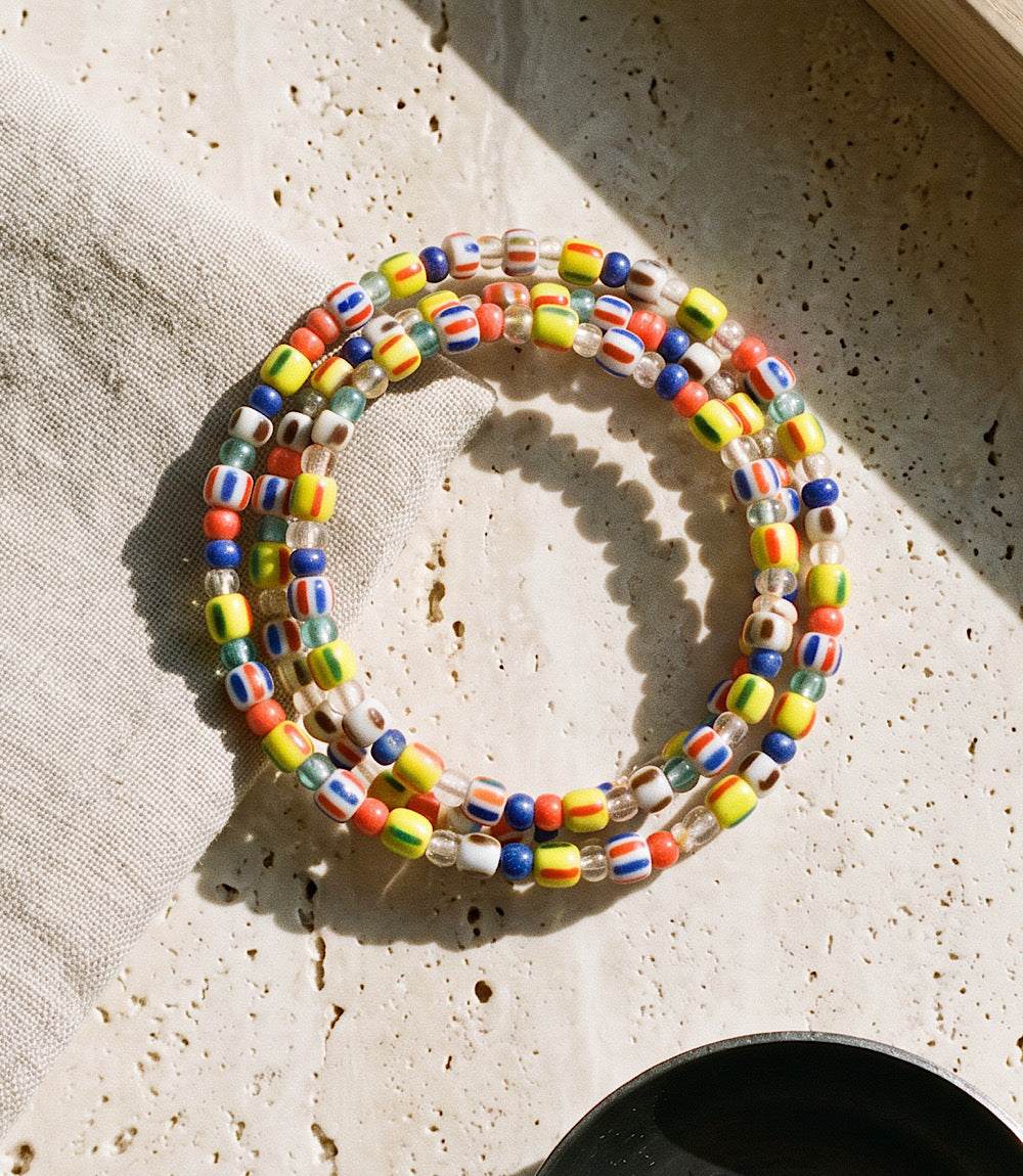 Colorful glass bead wrap bracelet coiled for wrist, lightweight and vibrant accessory