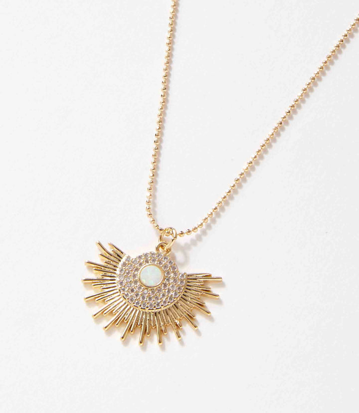 Gold Opal Sunburst Necklace with opal centerpiece and sunburst design on 18k gold filled chain