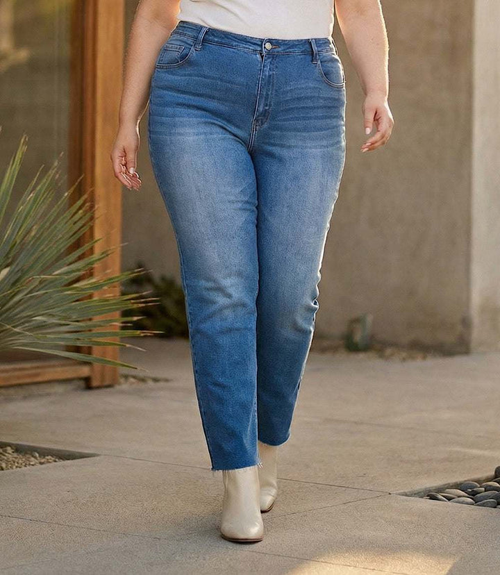 Plus size raw hem straight jeans with high rise and stretch denim