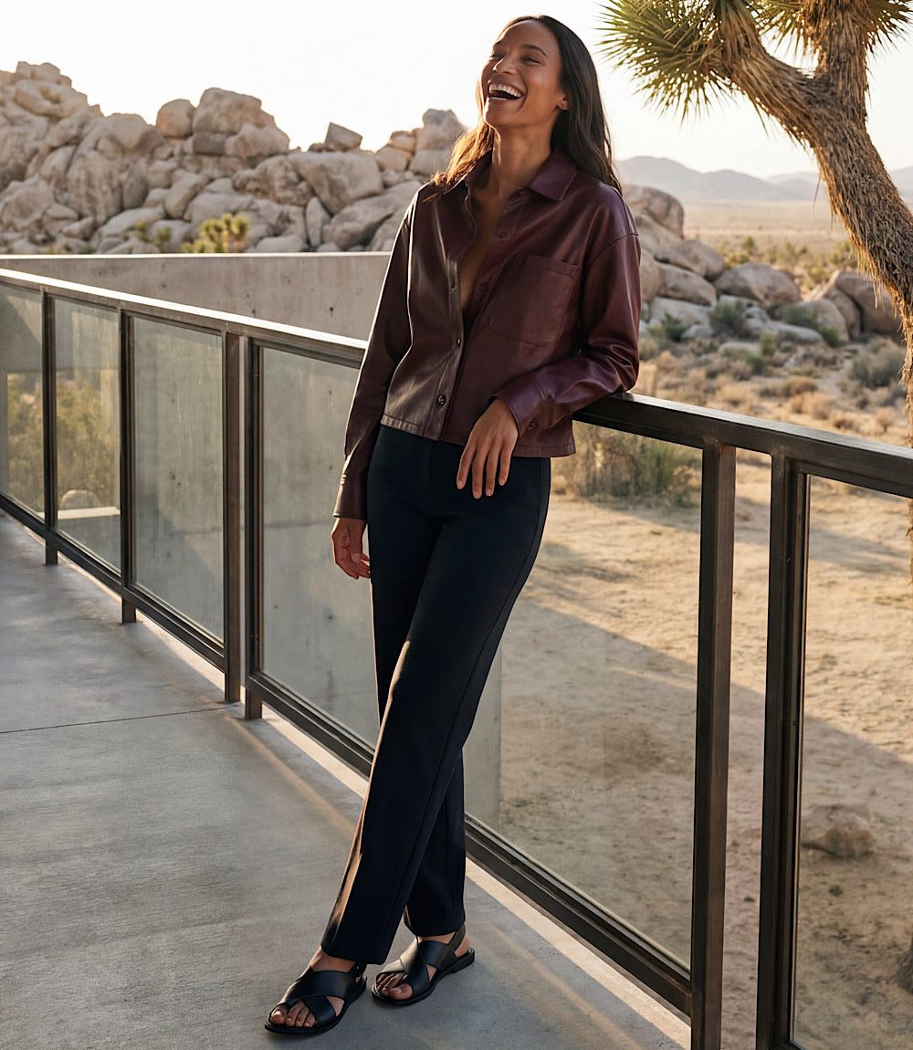 Faux Leather Long Sleeve Button-Up Shirt