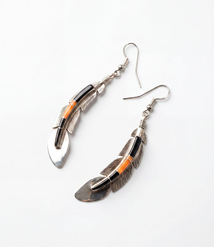 Onyx Spiny Oyster Inlay Silver Feather Earrings
