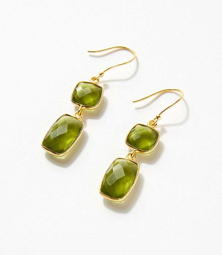 Gemstone Double Drop Earrings with green tourmaline set in 18ct gold plated silver, elegant and faceted design
