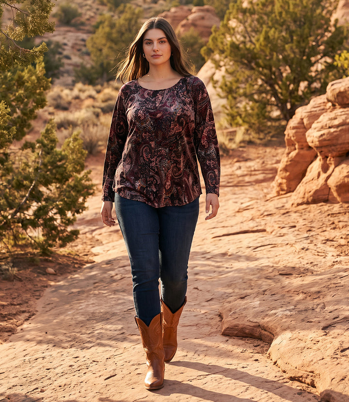 Plus Size Long Sleeve Velvet Burnout Shirttail Top
