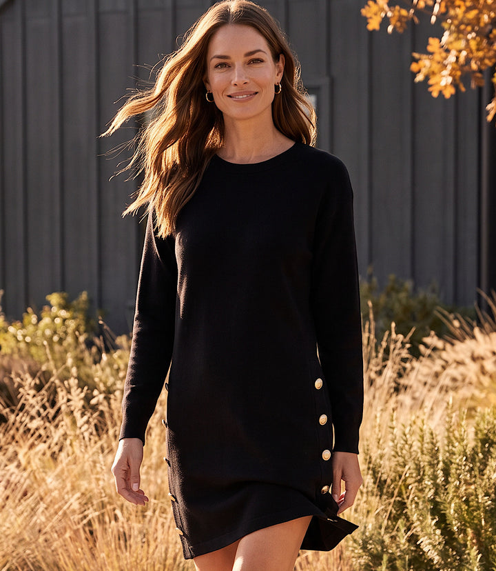 Long Sleeve Crewneck Button Detail Dress