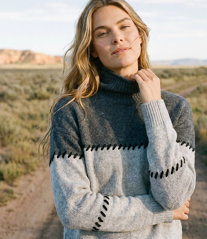 Contrast Stitch Mock Neck Colorblock Sweater