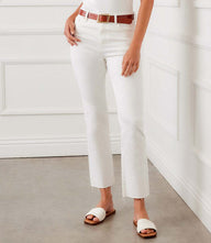 Raw hem straight jeans with five-pocket design and ankle-length cut