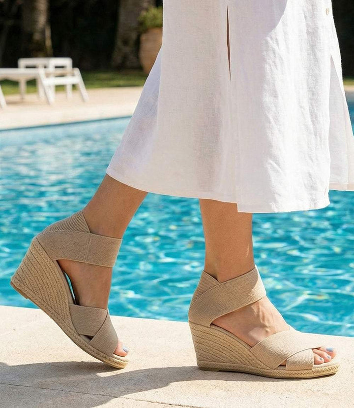 Cannon Espadrille Wedge linen sandals with padded insole and crisscross elastic strap