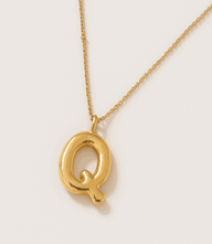 Gold bubble letter Q charm necklace with 16K gold-plated stainless steel chain