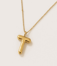 Gold bubble letter T charm necklace in 16K gold-plated stainless steel with a delicate chain