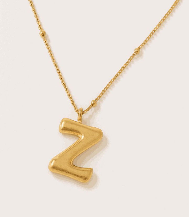 Gold bubble letter Z charm necklace with 16K gold plated stainless steel chain