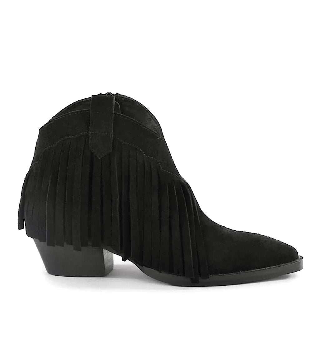 Black suede Seychelles Easy Come Easy Go ankle booties with side fringe, pointed toe, and low block heel.