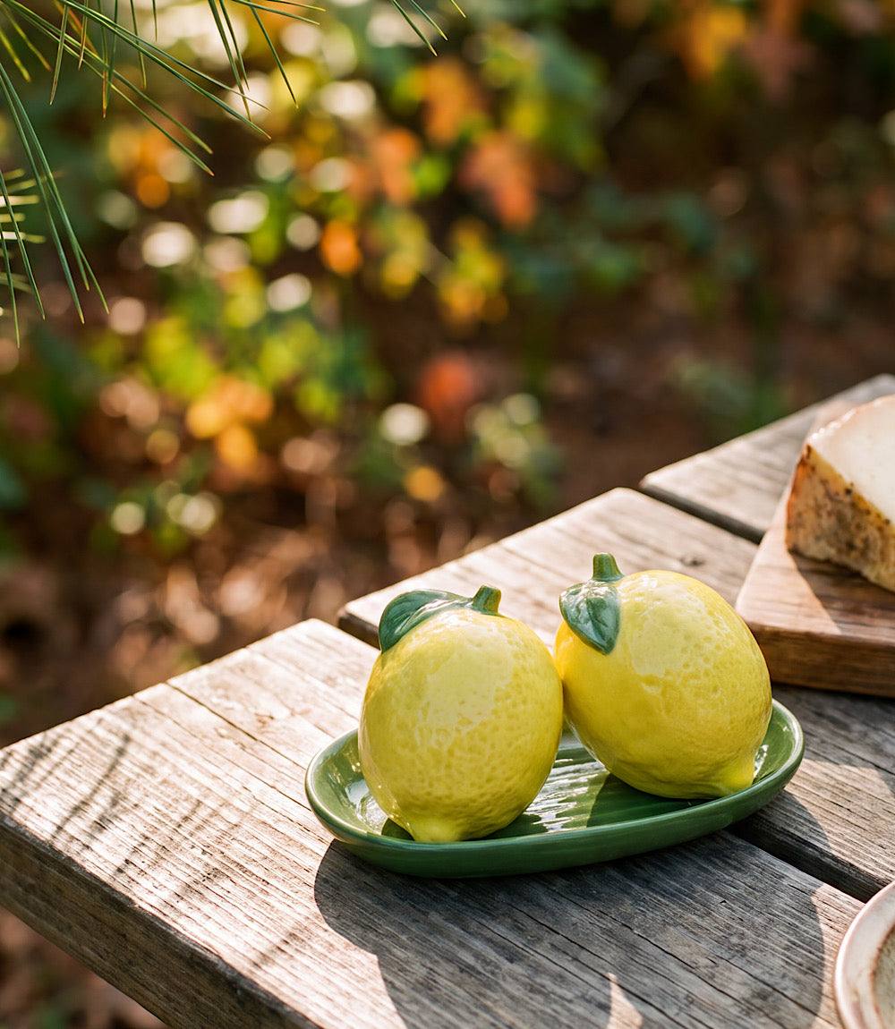 Lemon Grove salt and pepper shakers ceramic hand-painted lemon design with matching tray