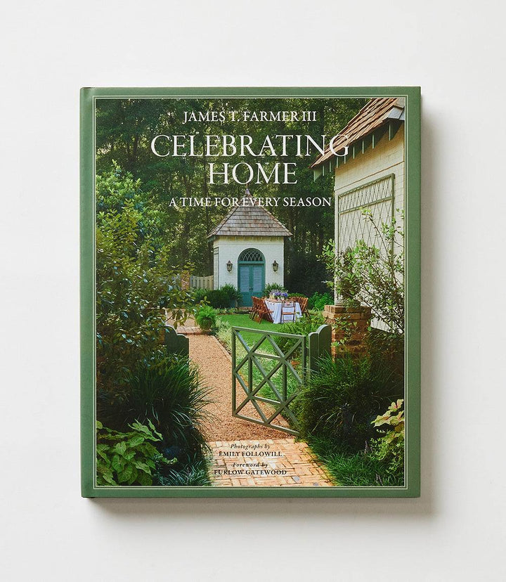 Celebrating Home book cover featuring a lush garden pathway and charming outdoor table setting