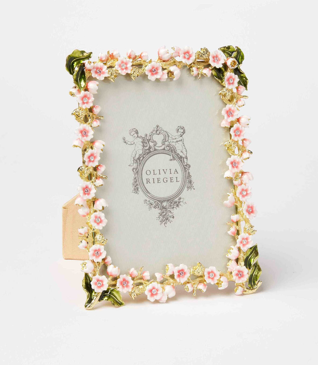 Gold pewter photo frame with hand-enameled pink flowers and hand-set crystals, floral enamel and crystal design.