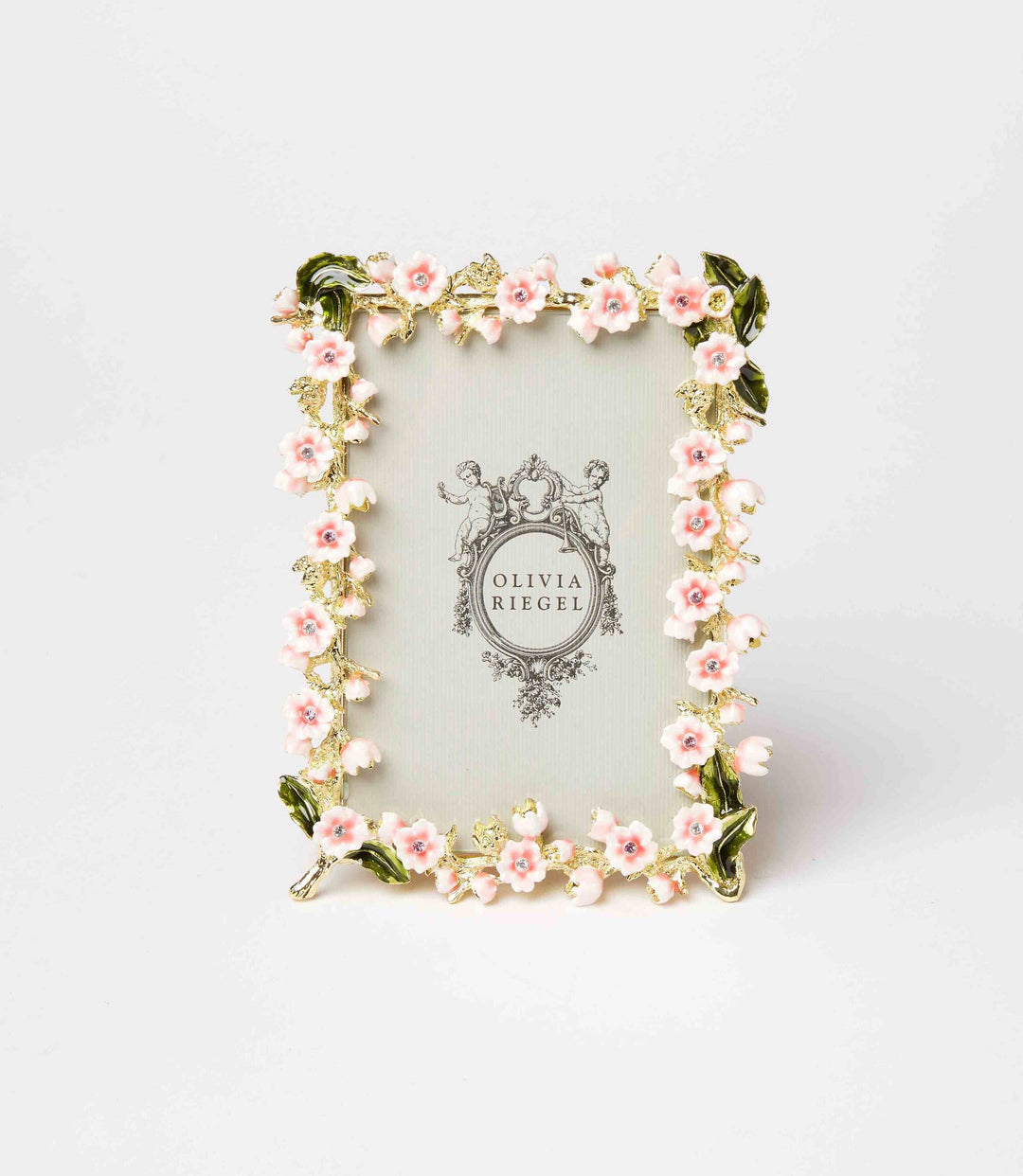 Floral enamel and crystal photo frame with pink flowers and gold pewter finish, elegant and tarnish-resistant design.