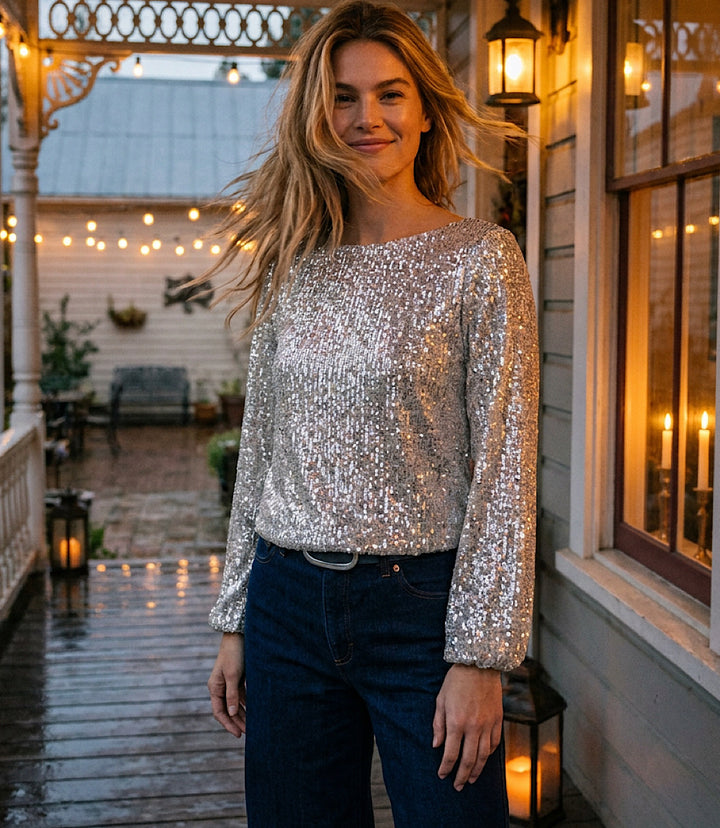 Sequin Blouson Sleeve Boatneck Top