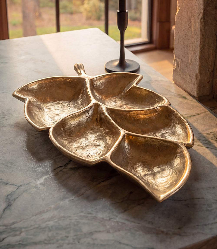 Golden Chestnut Leaf Tray handcrafted from recycled aluminum with intricate leaf design and warm gold finish