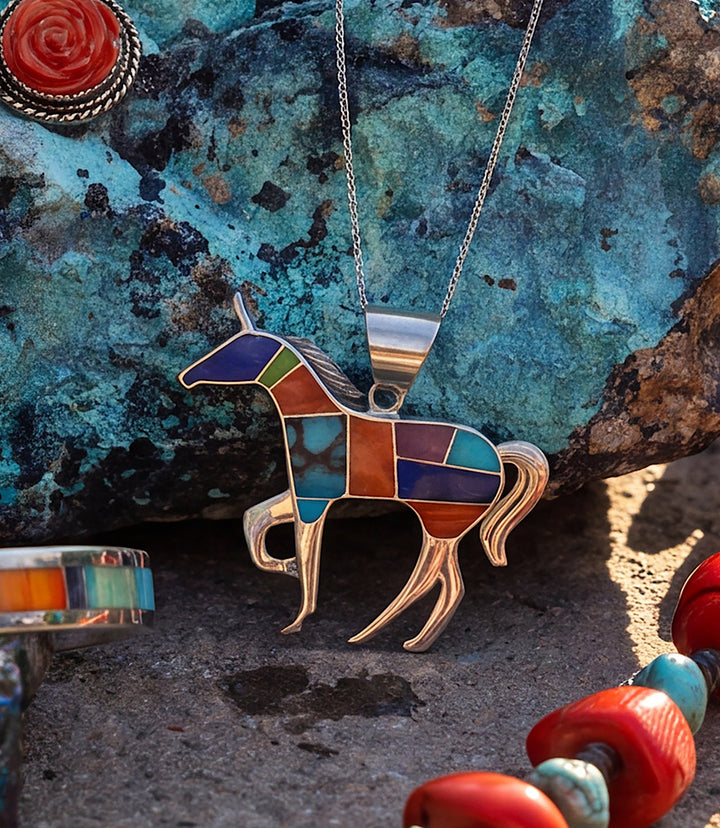 Multi-Stone Inlay Running Horse Pendant Necklace