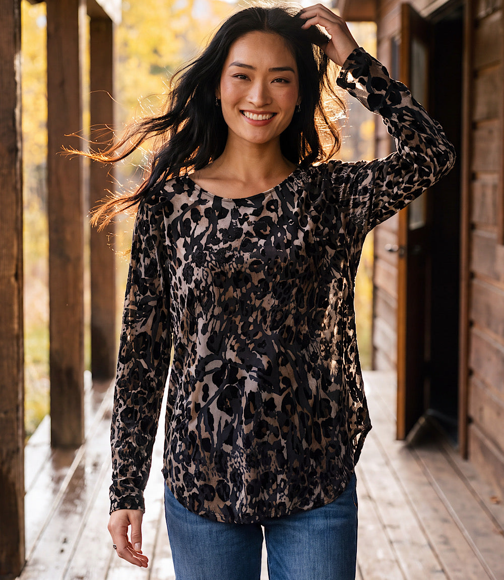 Petite Size Long Sleeve Velvet Burnout Shirttail Top