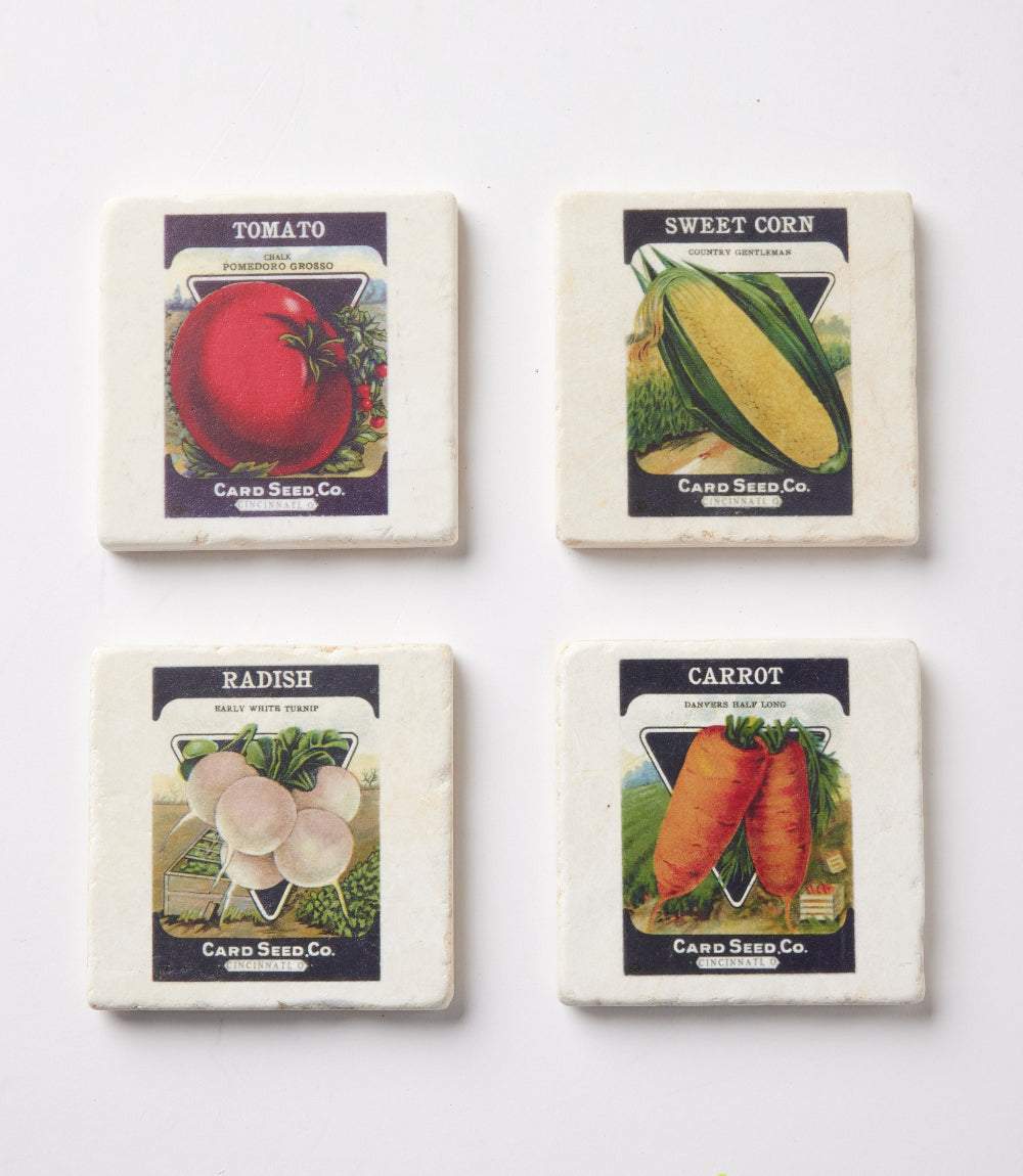 Set of 4 Seed Packet Marble Coasters with vintage vegetable illustrations on tumbled marble and cork backing