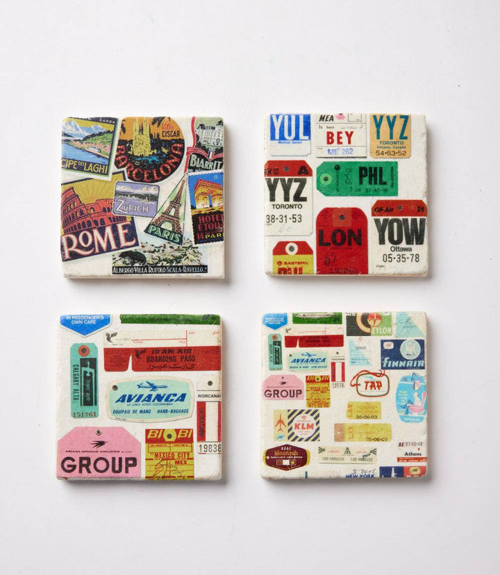 Luggage Tag Marble Coasters, Set Of 4