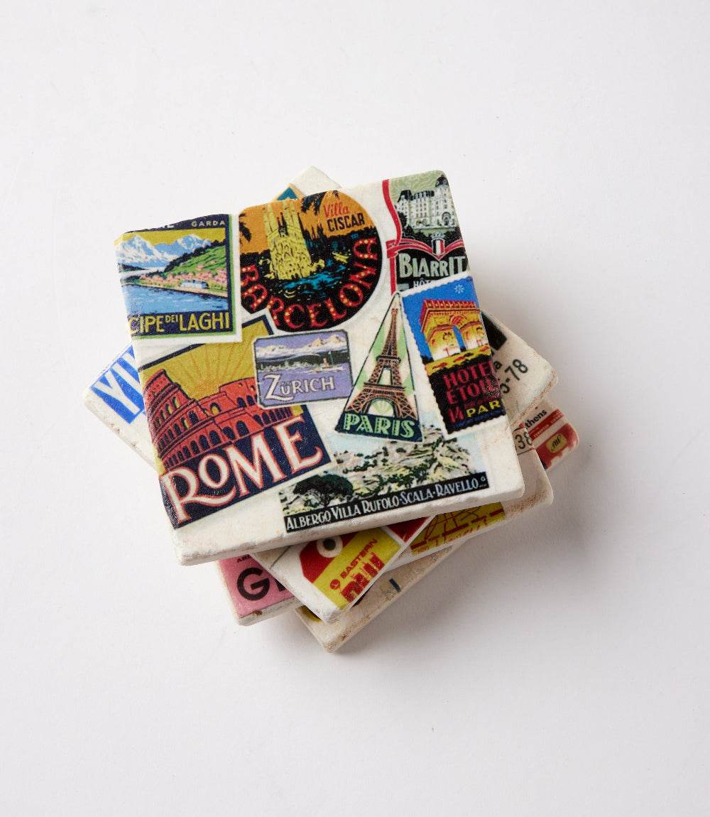 Luggage Tag Marble Coasters, Set Of 4