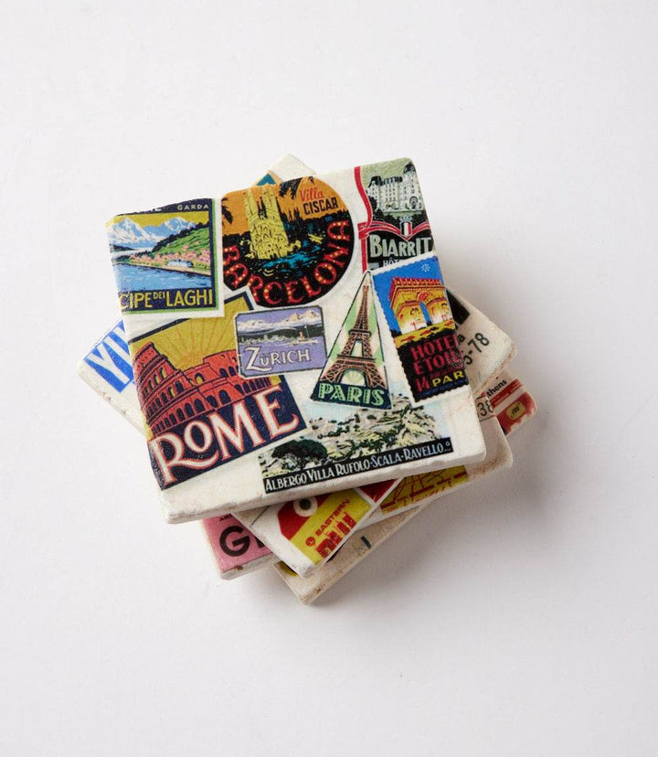 Luggage Tag Marble Coasters, Set Of 4