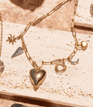 To The Moon And Back charm necklace with heart and lock pendants on gold-plated chain