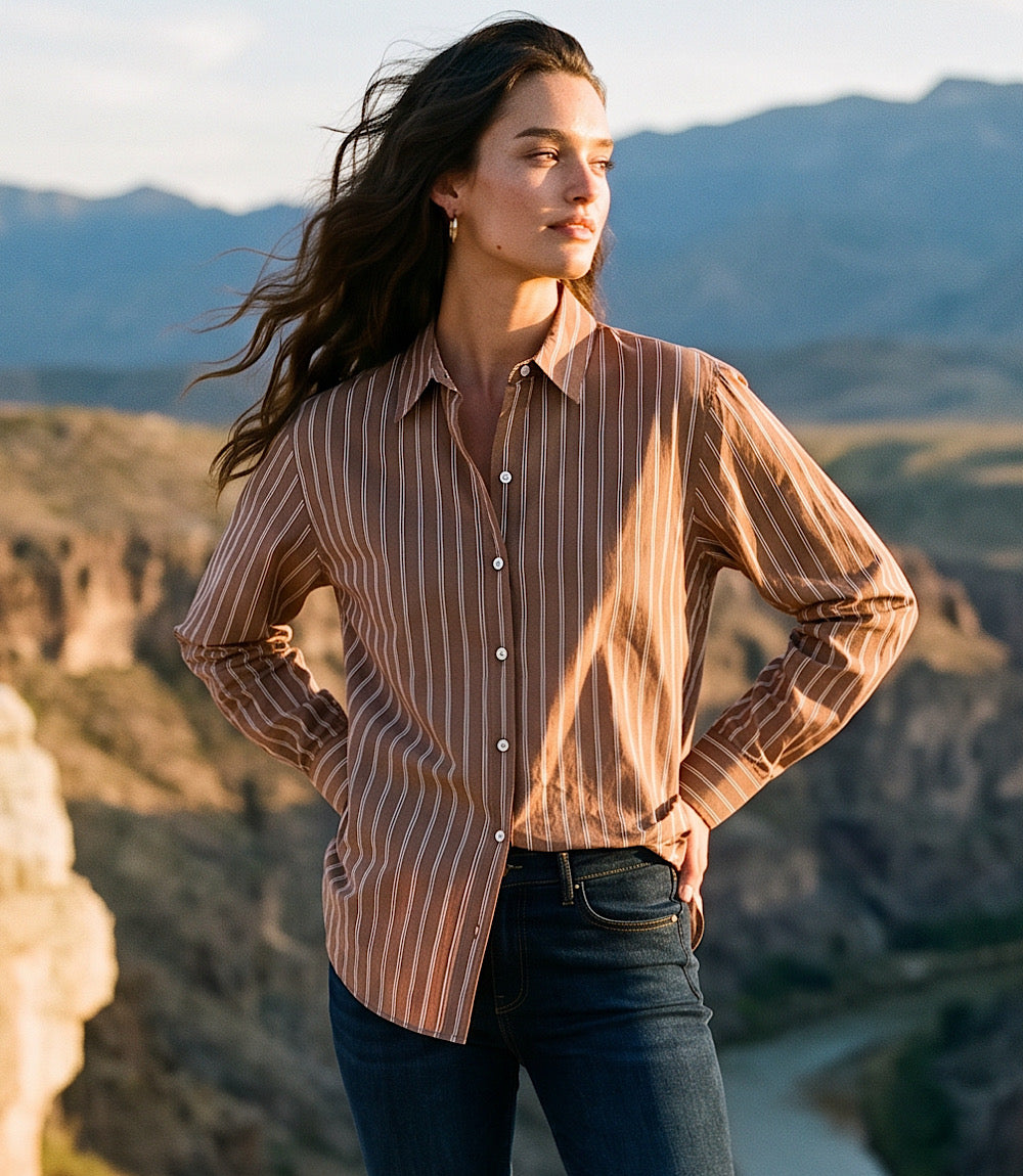 Stripe Long Sleeve Single Pocket Button-Up Shirt