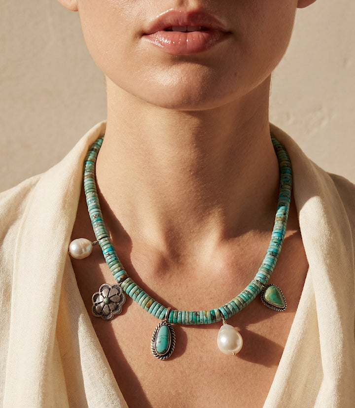Vintage Turquoise And Pearl Charm Beaded Necklace