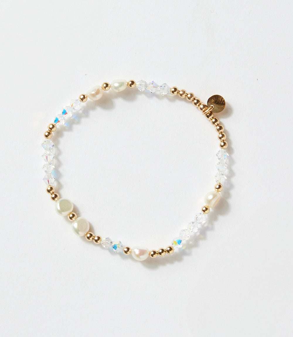 Crystal beaded bracelet with freshwater pearls and 14K gold-filled beads on elastic band