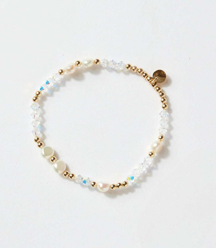 Crystal beaded bracelet with freshwater pearls and 14K gold-filled beads on elastic band