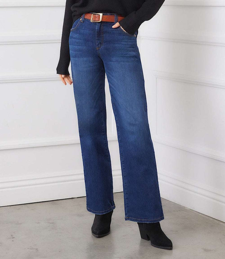Jessie Jeans stretch denim high rise straight leg full length blue jeans with five pockets and zipper button closure