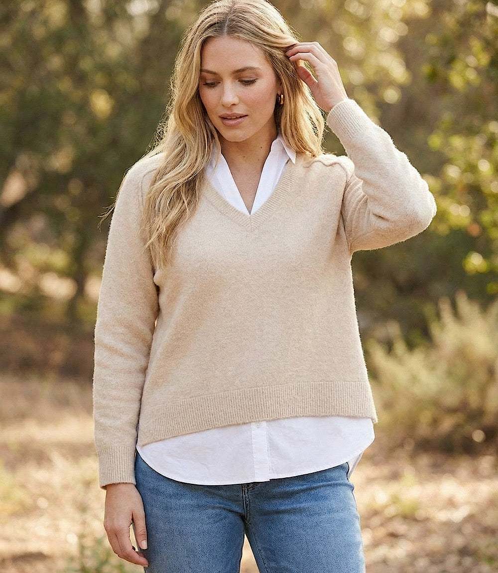 Plus size layered sweater with contrast shirt hem and collared design for relaxed fit style