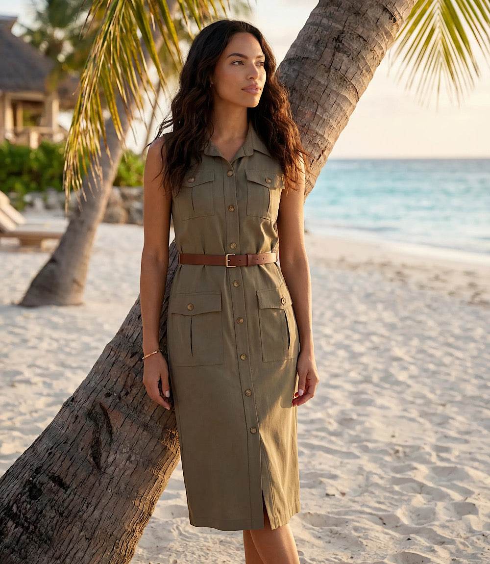 Karen Kane Sleeveless Midi Shirtdress - Olive