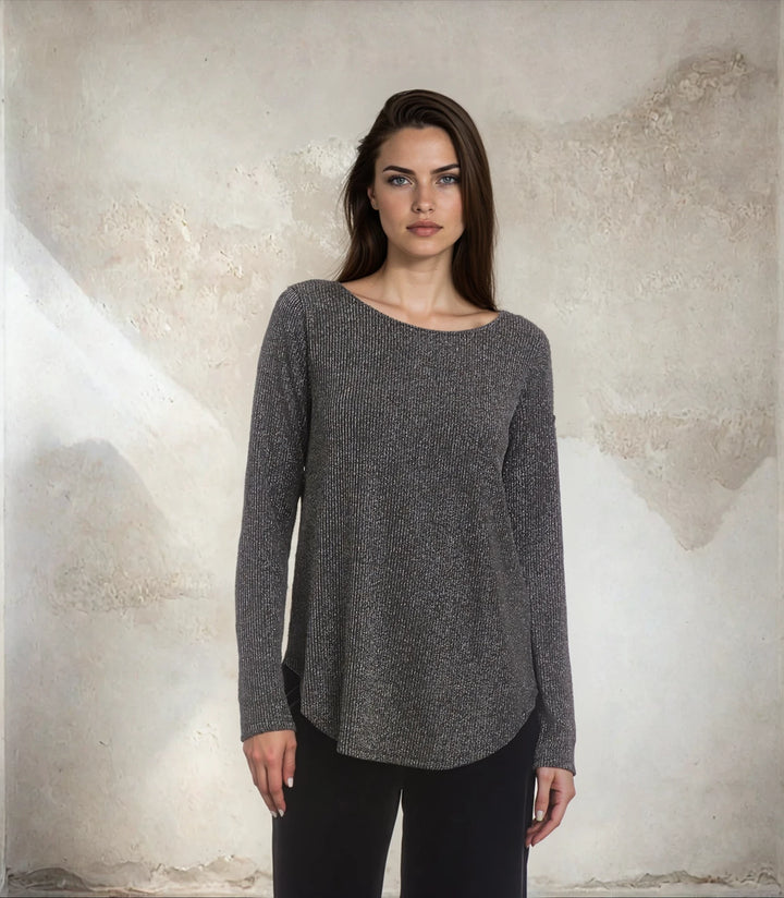 Petite Size Long Sleeve Metallic Stripe Shirttail Top