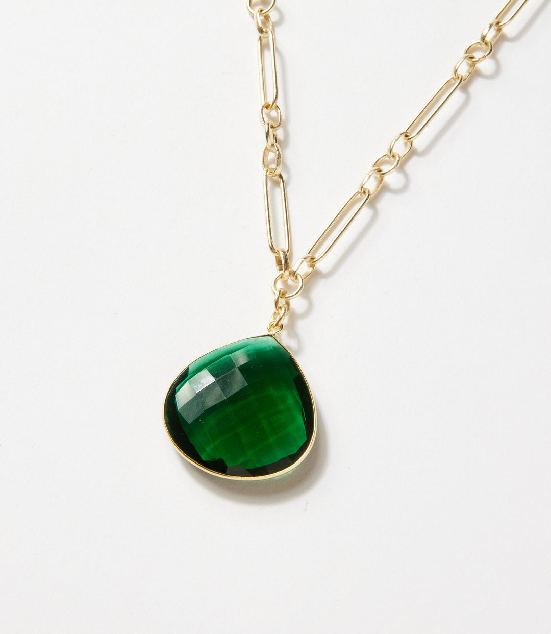 Emerald Quartz pendant necklace with faceted green glass stone on gold-plated paperclip chain