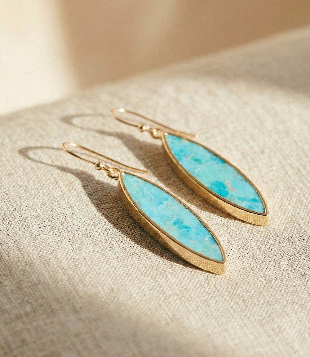 Marquise turquoise earrings with gold filled drop design showcasing unique hand-selected stones