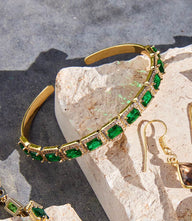 Emerald gemstone cuff bracelet with gold over brass and cubic zirconia, adjustable design