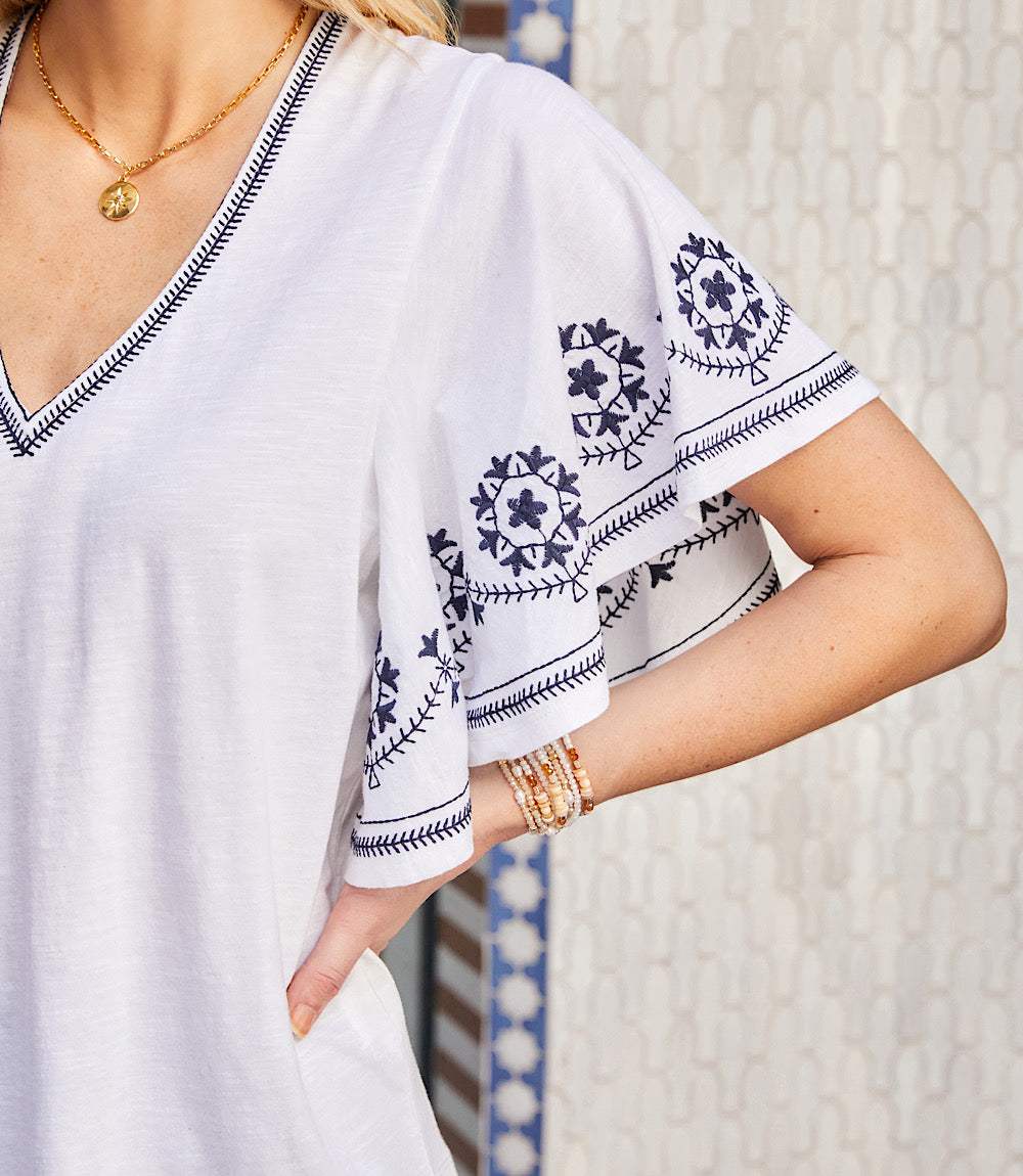 Embroidered Flutter Sleeve Top