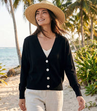 Classic V-neck cardigan sweater with front buttons and soft knit fabric for lightweight layering